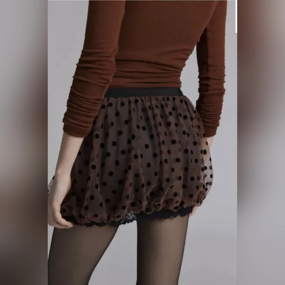 Kimchi Blue Emory Polka Dotted Tulle Bubble Micro Skirt, Brown Black, Size MED